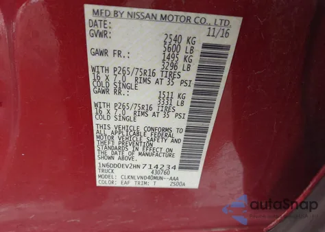 2017 Nissan Frontier Pro-4X z USA, uszkodzony, nr VIN 1N6DD0EV2HN714234